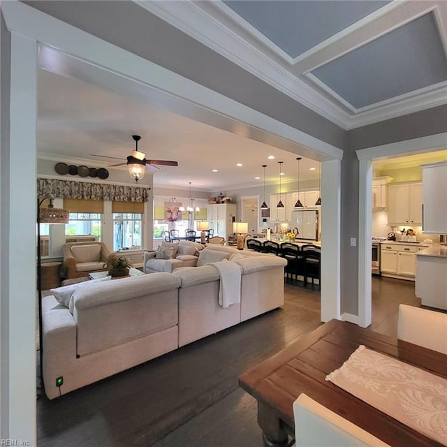 2408 Mathews Green Rd, Virginia Beach, VA 23456 - living room featuring dark wood-style flooring, ornamental molding, and ceiling fan