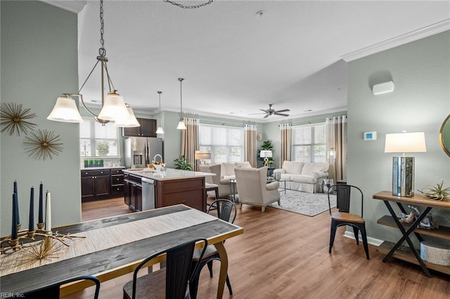 1720 Vankar Dr, Virginia Beach, VA 23456 - dining room featuring ornamental molding, baseboards, light wood-style flooring, and ceiling fan