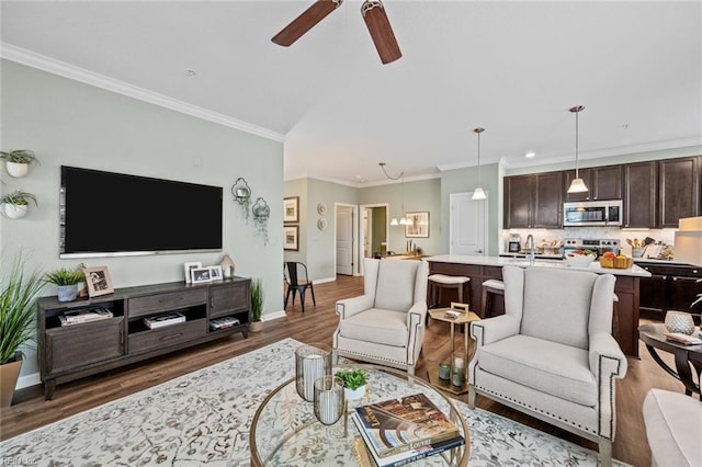 1720 Vankar Dr, Virginia Beach, VA 23456 - living area featuring ceiling fan, light wood-type flooring, ornamental molding, and baseboards