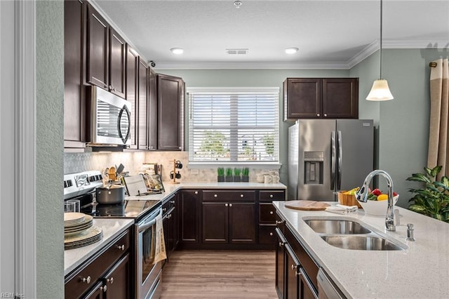 1720 Vankar Dr, Virginia Beach, VA 23456 - kitchen featuring stainless steel appliances, a sink, dark brown cabinets, crown molding, and pendant lighting