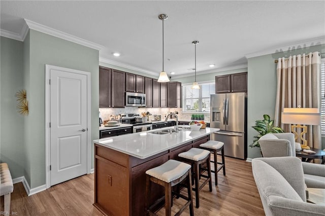 1720 Vankar Dr, Virginia Beach, VA 23456 - kitchen featuring stainless steel appliances, a sink, ornamental molding, dark brown cabinetry, and light wood-style floors