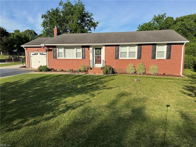 1813 Jack Frost Rd, Virginia Beach, VA 23455 - ranch-style home featuring brick siding, a chimney, a garage, asphalt driveway, and a front yard