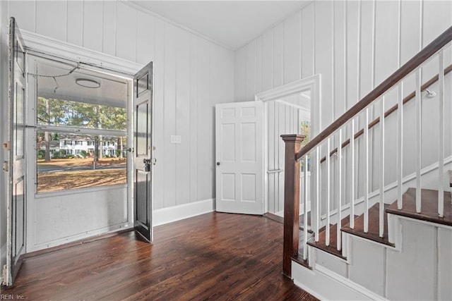 221 Homestead Rd, Franklin, VA 23851 - entryway featuring dark wood finished floors, stairs, baseboards, and ornamental molding