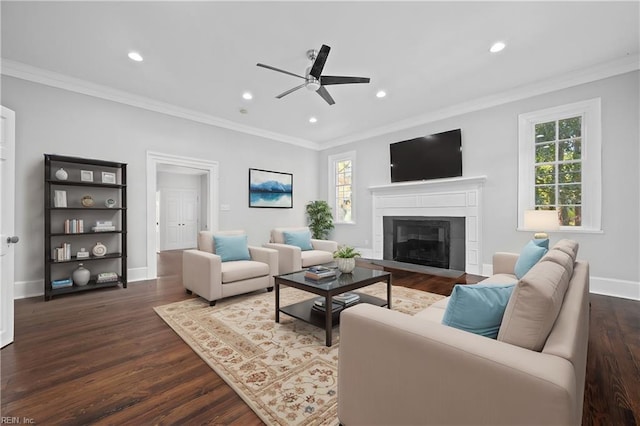221 Homestead Rd, Franklin, VA 23851 - living room featuring ceiling fan, crown molding, dark wood-type flooring, recessed lighting, and baseboards