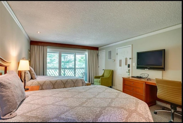 720 Graves Ordinary, Williamsburg, VA 23185 - carpeted bedroom featuring crown molding, a textured ceiling, access to exterior, and an office area
