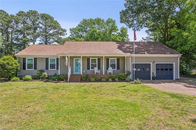 405 Crockett Rd, Seaford, VA 23696 - ranch-style home featuring asphalt driveway, an attached garage, a porch, and a front lawn