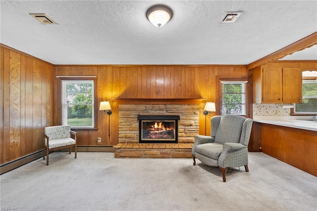 4422 Gannon Rd, Portsmouth, VA 23703 - living room featuring light colored carpet, a fireplace, a textured ceiling, wooden walls, and a baseboard radiator