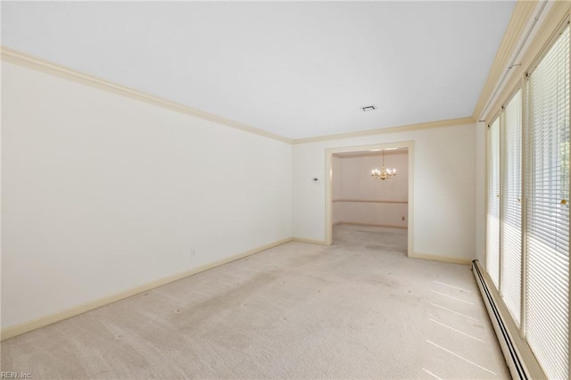 4422 Gannon Rd, Portsmouth, VA 23703 - spare room featuring baseboard heating, light carpet, a chandelier, ornamental molding, and baseboards