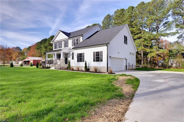 718C Poquoson Ave, Poquoson, VA 23662 - traditional home with a garage, driveway, a front lawn, roof with shingles, and a porch