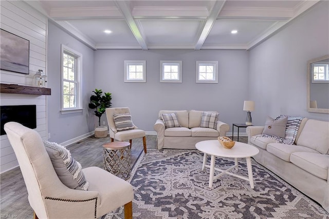 718C Poquoson Ave, Poquoson, VA 23662 - living area featuring coffered ceiling, beam ceiling, baseboards, wood finished floors, and a fireplace