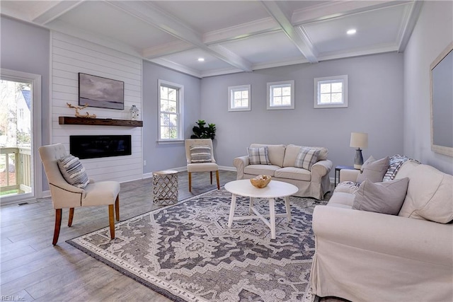 718C Poquoson Ave, Poquoson, VA 23662 - living area with beam ceiling, coffered ceiling, wood finished floors, a large fireplace, and recessed lighting