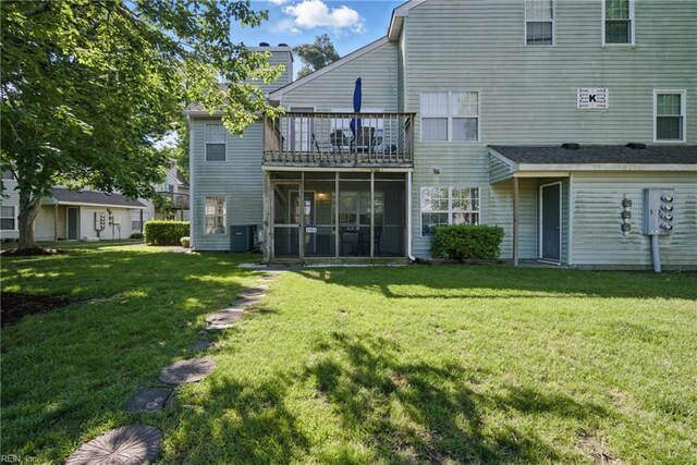 5165 Thatcher Way, Virginia Beach, VA 23456 - rear view of property with a sunroom, a yard, a chimney, a balcony, and central air condition unit