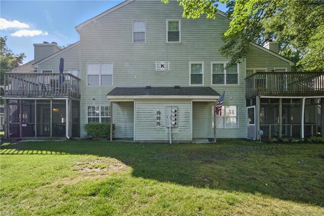 5165 Thatcher Way, Virginia Beach, VA 23456 - rear view of property with a sunroom, a yard, a chimney, and a deck