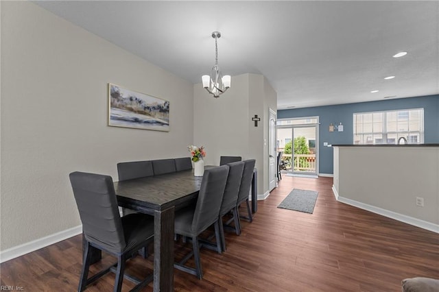 264 Feldspar St, Virginia Beach, VA 23462 - dining space featuring a chandelier, baseboards, dark wood-type flooring, and recessed lighting