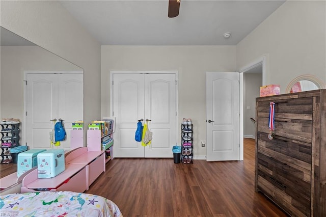 264 Feldspar St, Virginia Beach, VA 23462 - bedroom with dark wood-type flooring, a closet, baseboards, and ceiling fan
