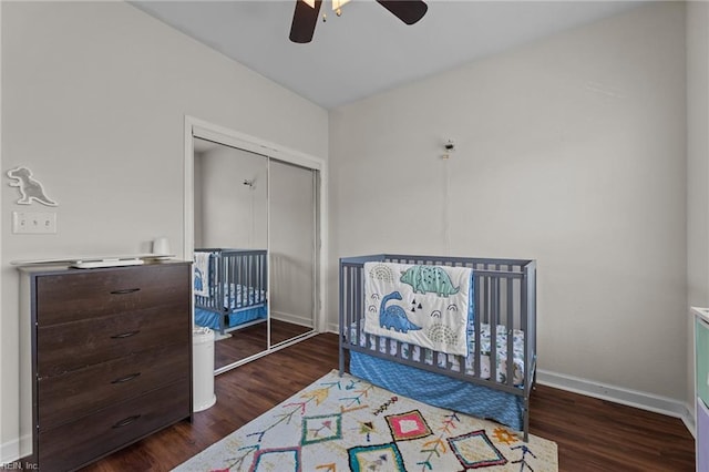 264 Feldspar St, Virginia Beach, VA 23462 - bedroom with wood finished floors, a closet, baseboards, a nursery area, and ceiling fan