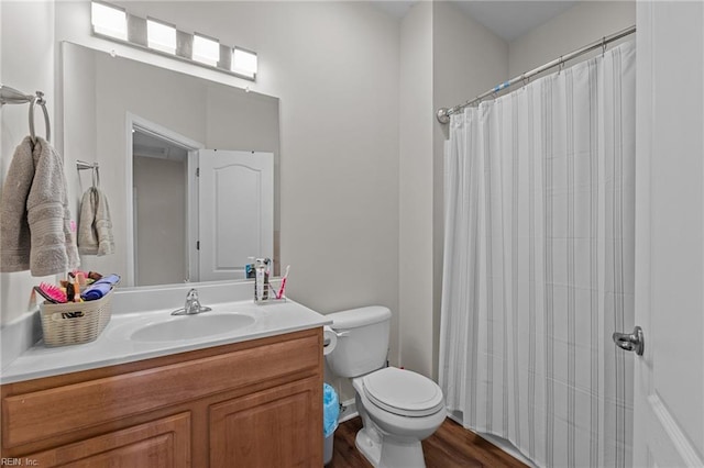 264 Feldspar St, Virginia Beach, VA 23462 - bathroom with vanity, toilet, wood finished floors, and a shower with curtain