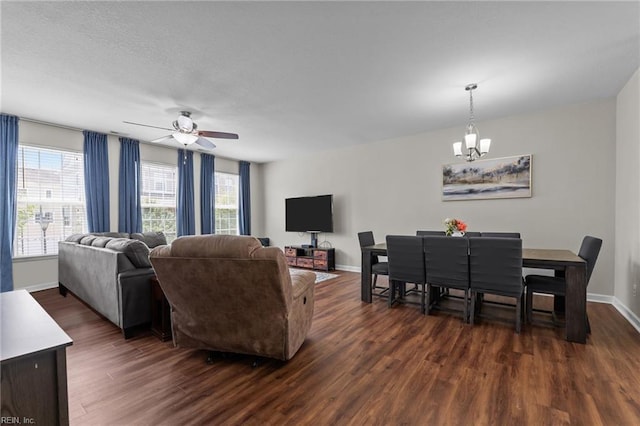 264 Feldspar St, Virginia Beach, VA 23462 - living room featuring a chandelier, dark wood-style flooring, baseboards, and a ceiling fan