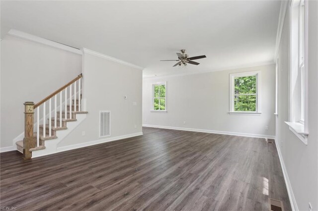 206 Loon Ct, Newport News, VA 23606 - unfurnished living room featuring ceiling fan, ornamental molding, dark wood finished floors, stairway, and baseboards