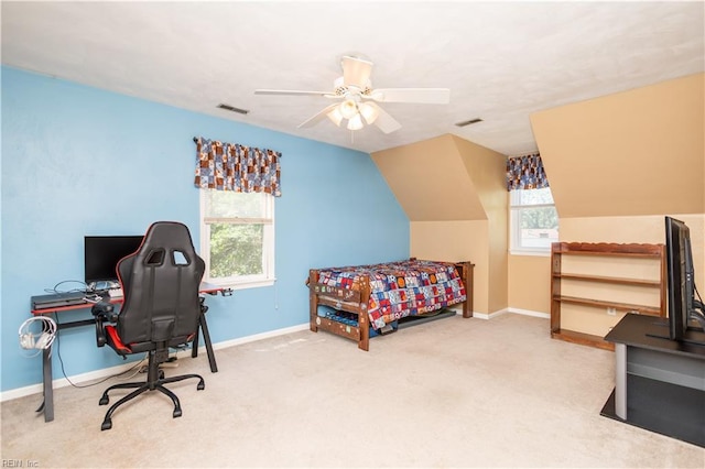 2668 N Elizabeth Harbor Dr, Chesapeake, VA 23321 - bedroom with carpet flooring, baseboards, an office area, a ceiling fan, and lofted ceiling