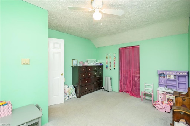 2668 N Elizabeth Harbor Dr, Chesapeake, VA 23321 - game room featuring radiator heating unit, carpet, lofted ceiling, a textured ceiling, and a ceiling fan