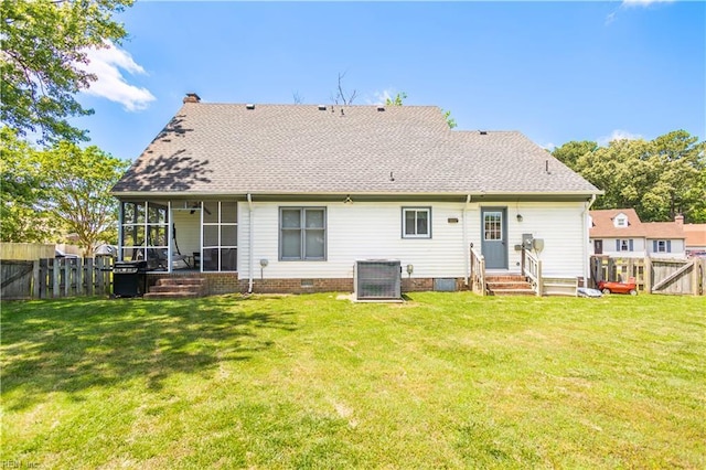 2668 N Elizabeth Harbor Dr, Chesapeake, VA 23321 - rear view of property featuring entry steps, a sunroom, central AC unit, and roof with shingles