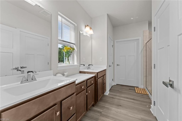 23050 Preserve Pl, Carrollton, VA 23314 - bathroom with a shower stall, vanity, and wood finished floors