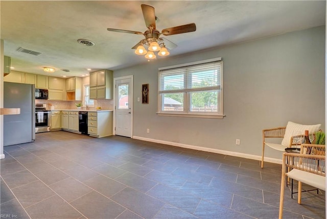 529 Warren Ave, Chesapeake, VA 23322 - kitchen with black appliances, a ceiling fan, baseboards, light countertops, and dark tile patterned flooring