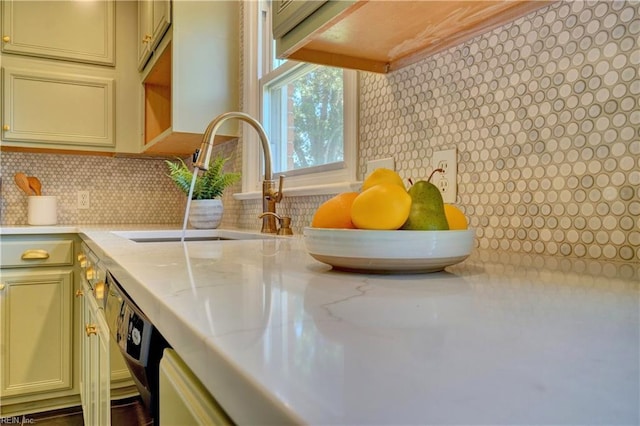 529 Warren Ave, Chesapeake, VA 23322 - kitchen view of a sink, backsplash, light stone countertops, and open shelves