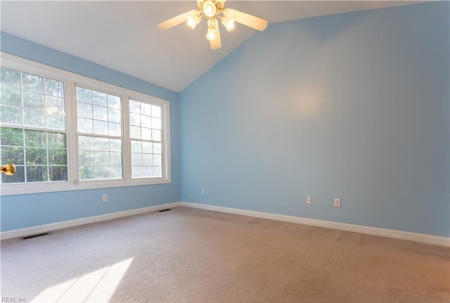 3711 Goodwin Neck Rd, Yorktown, VA 23692 - empty room featuring light carpet, a ceiling fan, lofted ceiling, and baseboards