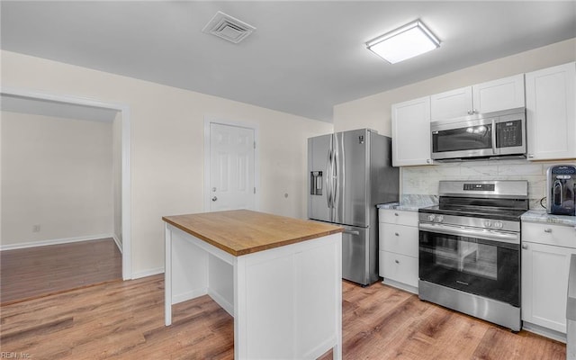3213 Ashaway Rd, Virginia Beach, VA 23452 - kitchen featuring stainless steel appliances, wooden counters, light wood-style flooring, white cabinets, and backsplash