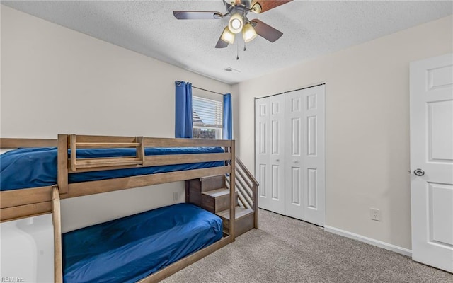 3213 Ashaway Rd, Virginia Beach, VA 23452 - bedroom featuring carpet, a closet, a textured ceiling, baseboards, and ceiling fan