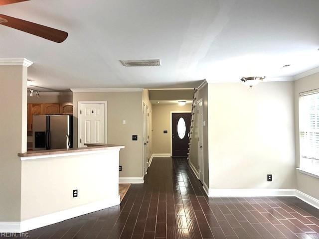111 Chardonnay Rd, Williamsburg, VA 23185 - entrance foyer featuring crown molding, baseboards, dark wood-type flooring, and ceiling fan