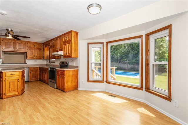 1364 Sir Richard Rd, Virginia Beach, VA 23455 - kitchen with stainless steel electric range, under cabinet range hood, a sink, baseboards, and light wood finished floors