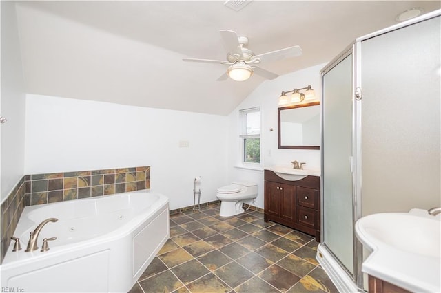 1364 Sir Richard Rd, Virginia Beach, VA 23455 - bathroom featuring a ceiling fan, a jetted tub, vaulted ceiling, vanity, and a stall shower