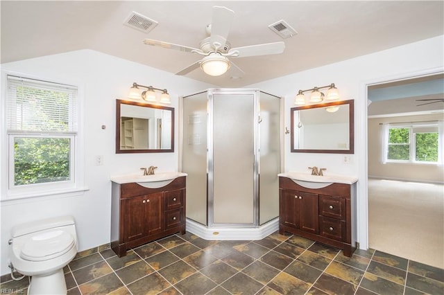 1364 Sir Richard Rd, Virginia Beach, VA 23455 - full bathroom featuring a ceiling fan, two vanities, and a shower stall