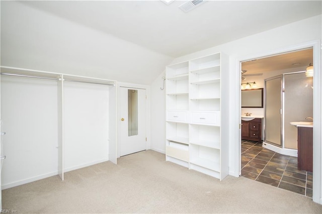 1364 Sir Richard Rd, Virginia Beach, VA 23455 - unfurnished bedroom with multiple closets, carpet floors, a sink, vaulted ceiling, and ensuite bathroom