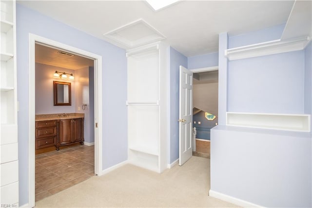1364 Sir Richard Rd, Virginia Beach, VA 23455 - hallway with attic access, baseboards, light colored carpet, and light tile patterned flooring
