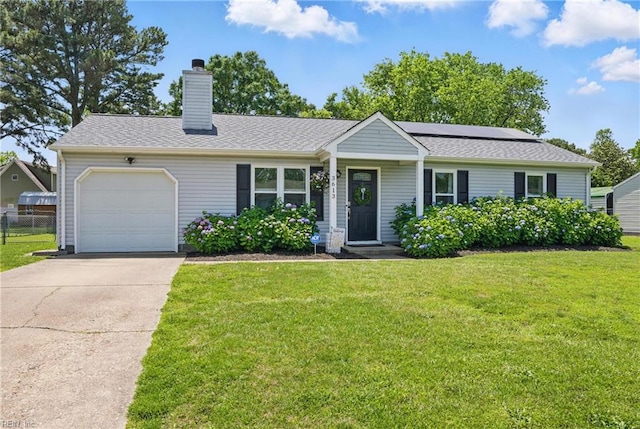 3613 Mostiler Pl, Chesapeake, VA 23323 - ranch-style house featuring a garage, driveway, a chimney, solar panels, and a shingled roof
