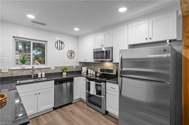 1801 Delaney St, Virginia Beach, VA 23464 - kitchen featuring stainless steel appliances, white cabinetry, dark stone counters, light wood finished floors, and backsplash