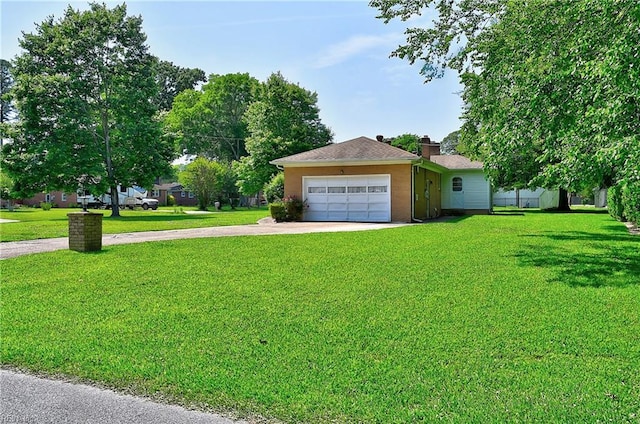 409 Briarfield Dr, Chesapeake, VA 23322 - view of front of property with concrete driveway, an attached garage, a front yard, and a chimney