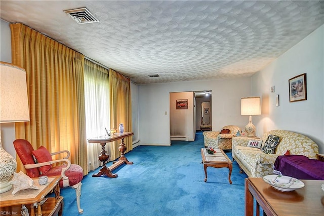 409 Briarfield Dr, Chesapeake, VA 23322 - carpeted living area with a baseboard heating unit, baseboards, and a textured ceiling