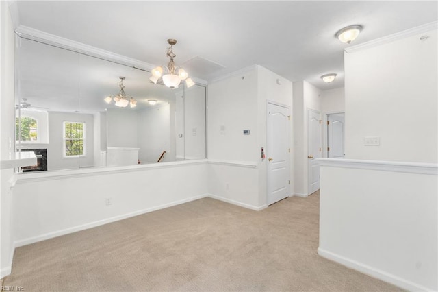 2819 Rose Garden Way, Virginia Beach, VA 23456 - carpeted spare room featuring a fireplace, baseboards, ornamental molding, a chandelier, and a ceiling fan