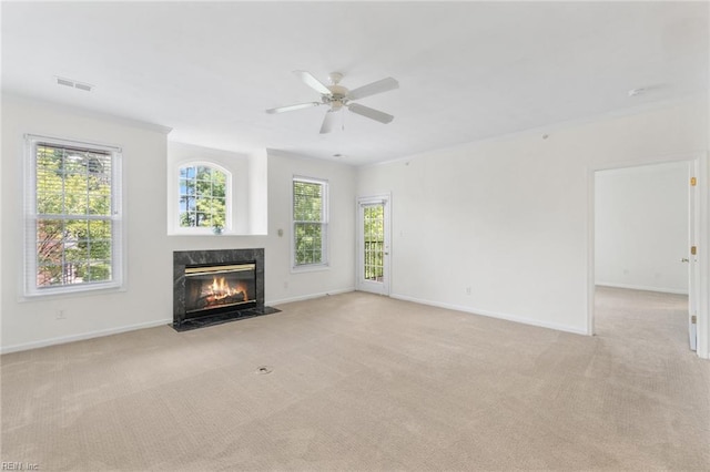 2819 Rose Garden Way, Virginia Beach, VA 23456 - unfurnished living room featuring light colored carpet, a high end fireplace, baseboards, and ceiling fan