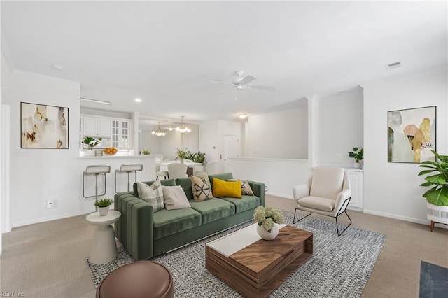 2819 Rose Garden Way, Virginia Beach, VA 23456 - living area with light colored carpet, ceiling fan, a chandelier, baseboards, and recessed lighting