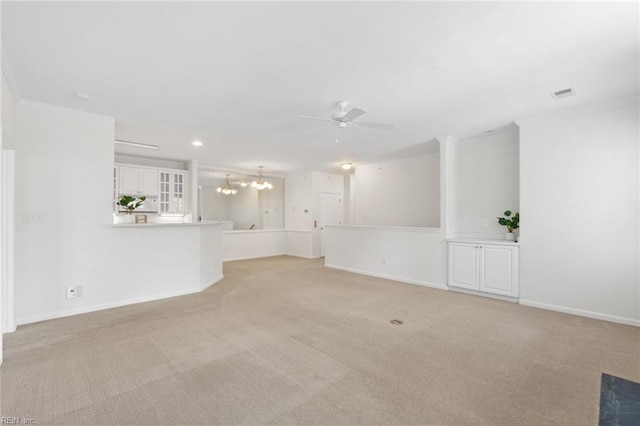 2819 Rose Garden Way, Virginia Beach, VA 23456 - unfurnished living room featuring a ceiling fan, a chandelier, light carpet, baseboards, and recessed lighting