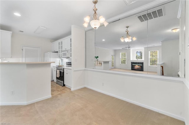 2819 Rose Garden Way, Virginia Beach, VA 23456 - kitchen featuring white appliances, a chandelier, light carpet, white cabinets, and a glass covered fireplace