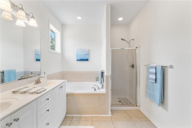 2819 Rose Garden Way, Virginia Beach, VA 23456 - bathroom featuring a stall shower, a jetted tub, tile patterned flooring, double vanity, and recessed lighting