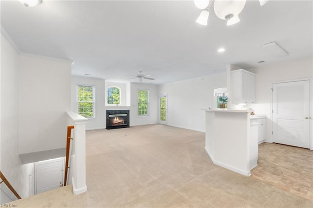 2819 Rose Garden Way, Virginia Beach, VA 23456 - unfurnished living room with ceiling fan, a fireplace with flush hearth, baseboards, light colored carpet, and recessed lighting
