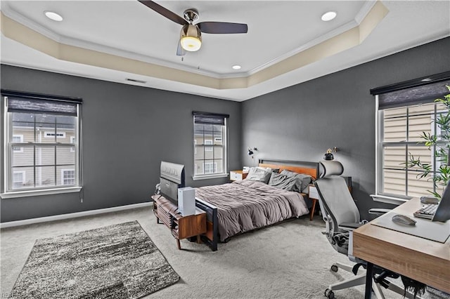 249 Carnelian St Unit 85A, Virginia Beach, VA 23462 - carpeted bedroom featuring a raised ceiling, ornamental molding, a desk, recessed lighting, and a ceiling fan